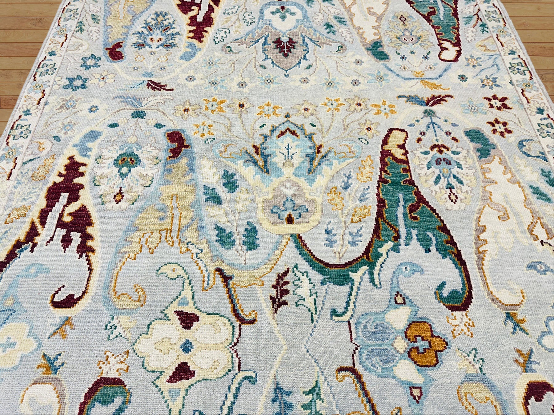 Multi Size Mint Gray Ivory Color Hand Knotted Oushak Wool  Oriental Rug