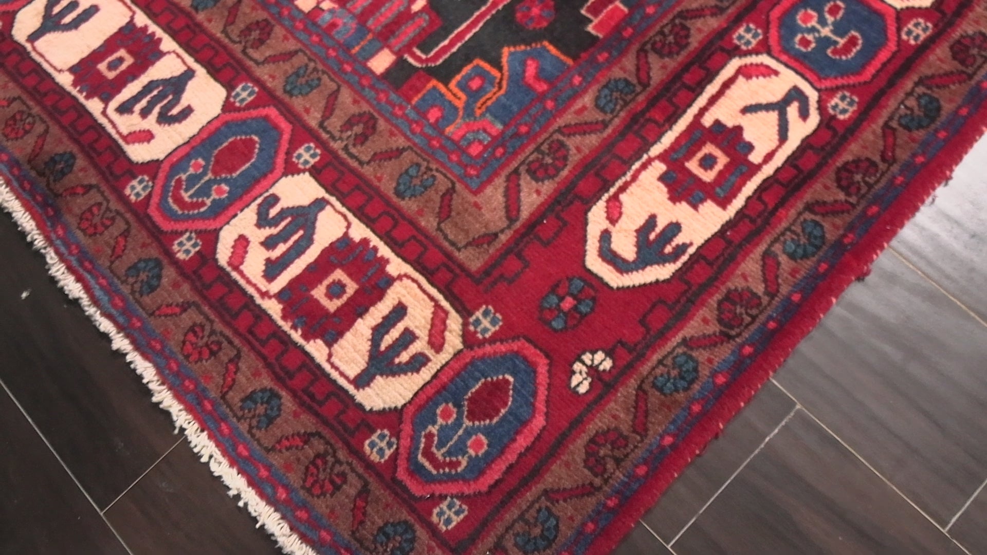 Black Red 5'1''x9'10'' Heriz Traditional Pictorial Geometric Vegetable Dyes Hand Knotted Wool Oriental Area Rug