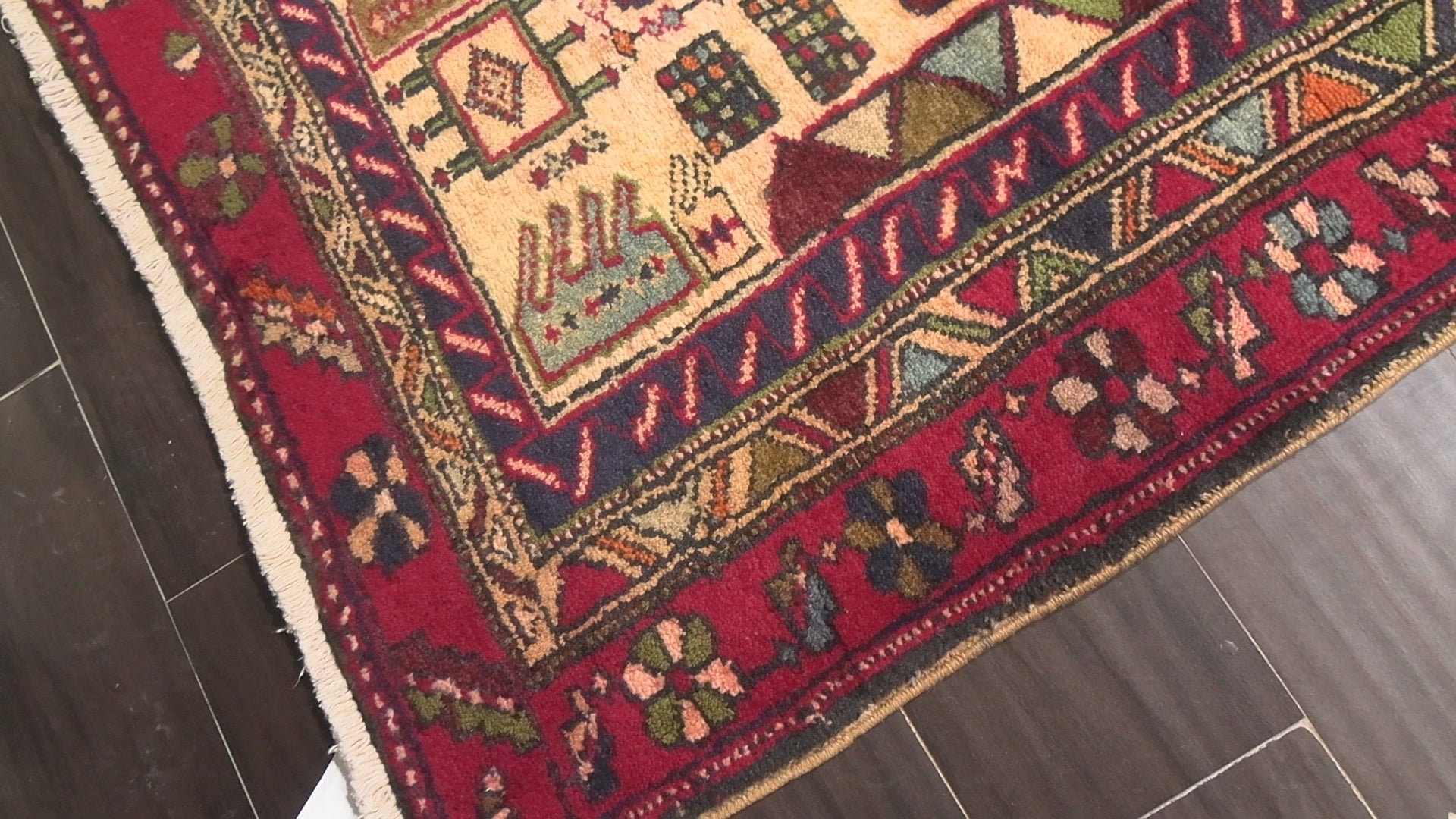 Light Gold Coral 4x10'4'' Kurdish Hamadan Traditional Geometric Tribal Vintage Vegetable Dyes Hand Knotted Wool Oriental Area Rug