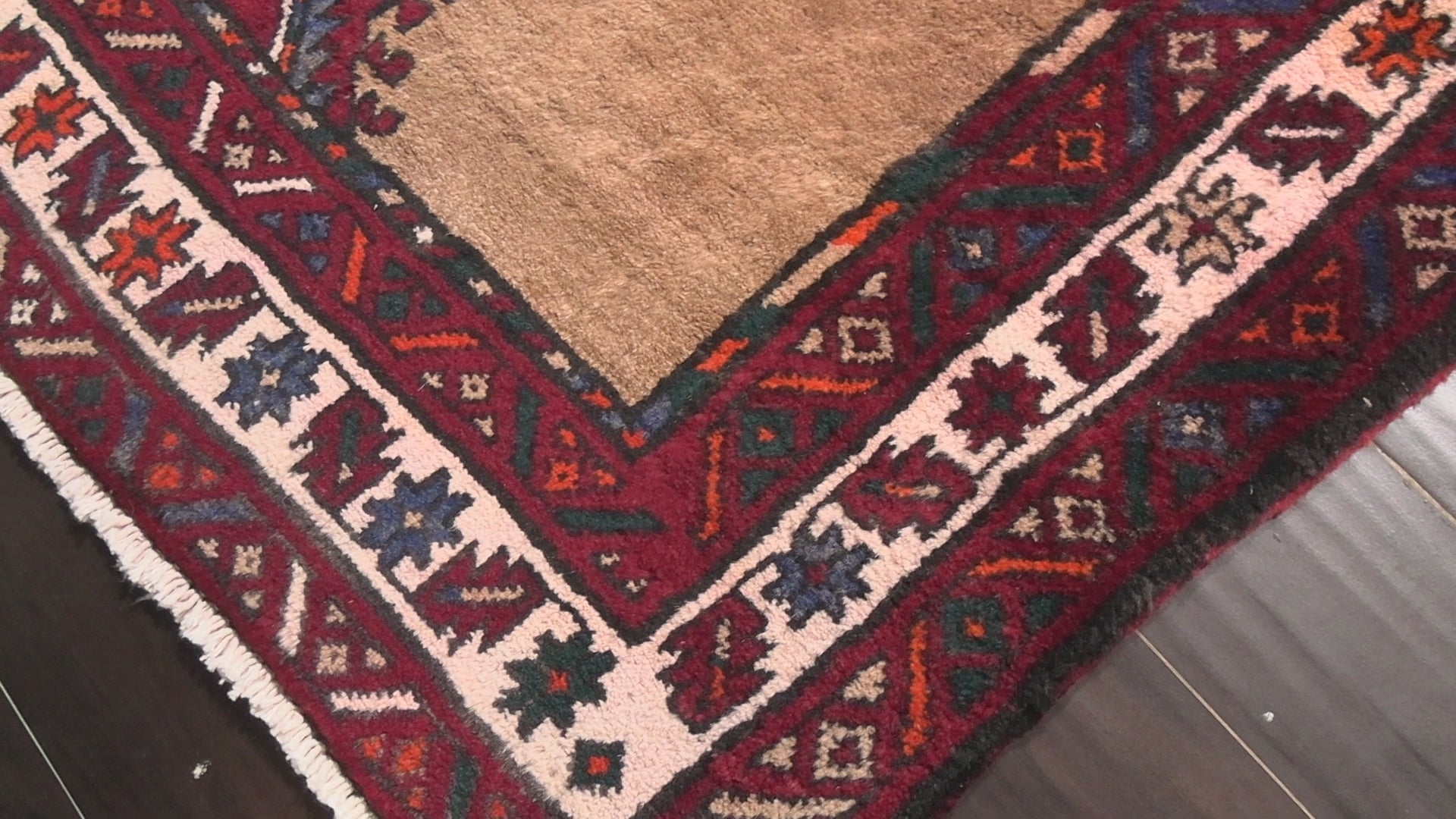 Burgundy Camel 4'1''x14'11'' Kurdish Bidjar Traditional Pictorial Plush Pile Geometric Vintage Vegetable Dyes Hand Knotted Wool Oriental Area Rug