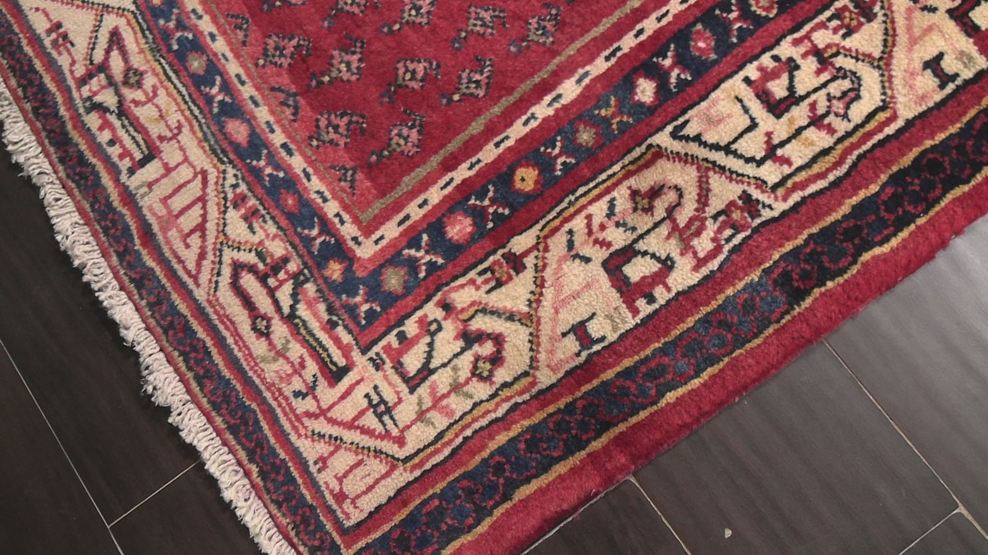 Red Ivory 3'8''x10'4'' Kurdish Bidjar Herati Traditional Plush Pile Geometric Paisley Vintage Vegetable Dyes Hand Knotted Wool Oriental Area Rug