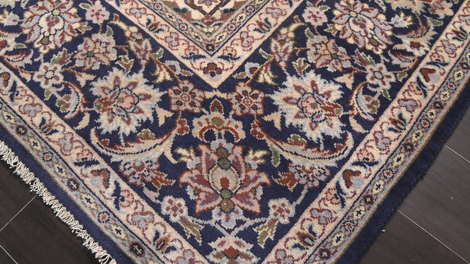 Navy 9'4''x13'4'' Kashan Traditional Low Pile Low Odor Hand Knotted Wool Oriental Area Rug