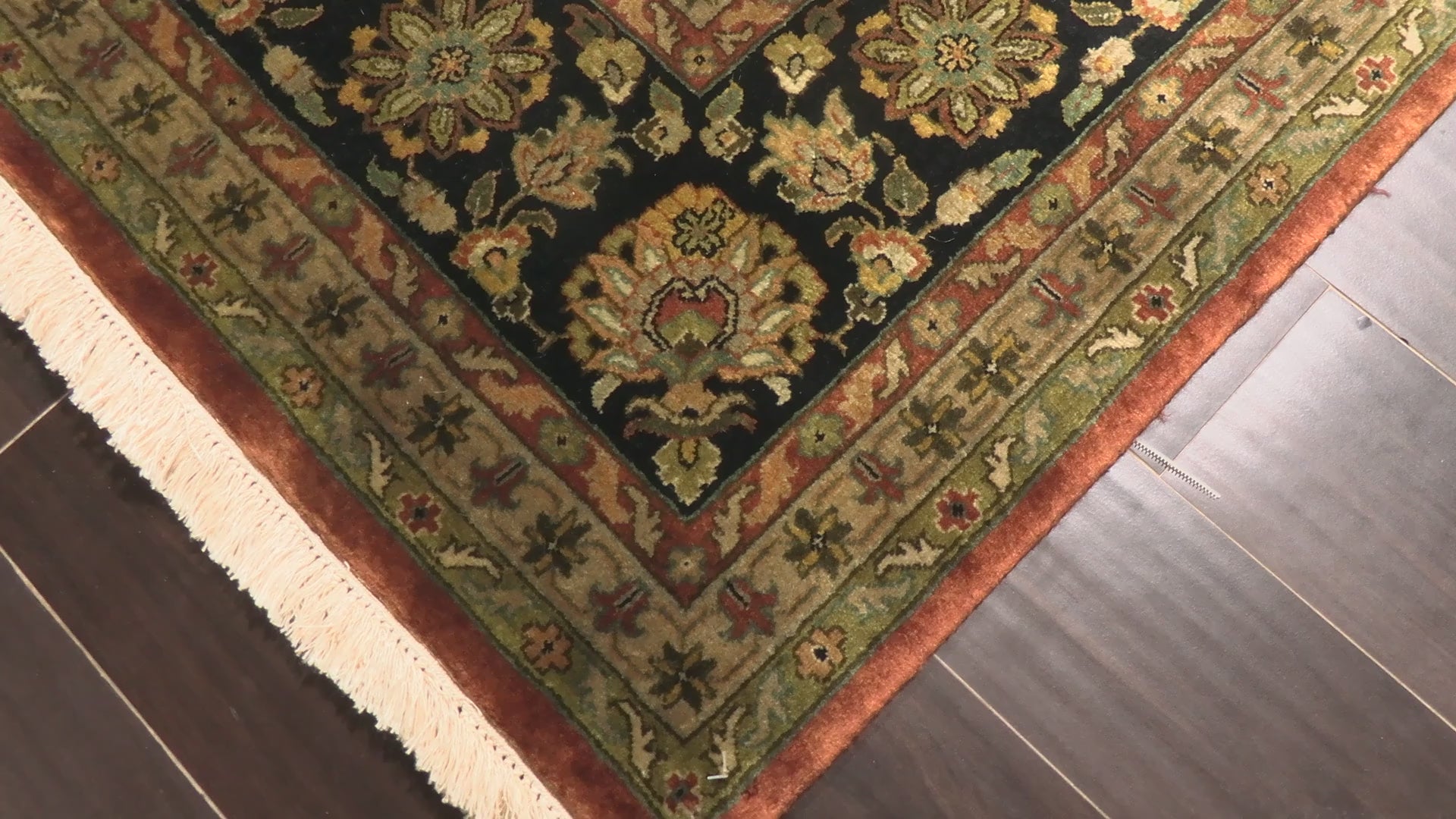 Rust Black 8x9'11'' Sarouk Traditional 150 KPSI Antique Finish Gold Wash Hand Knotted New Zealand Wool Oriental Area Rug
