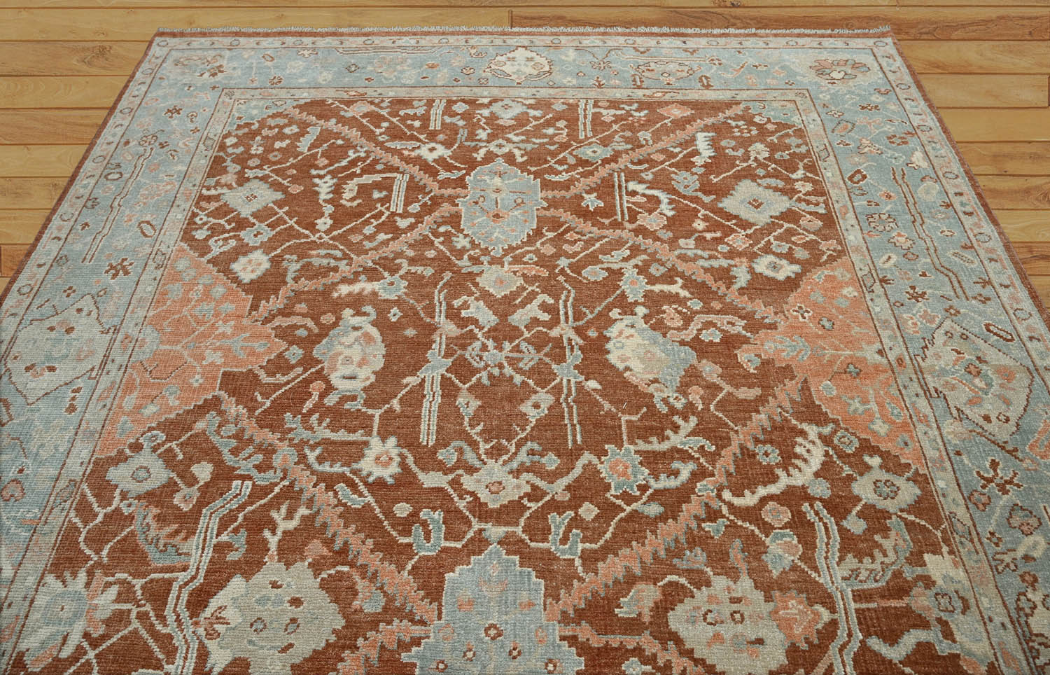 8x10 Rust Aqua Coral Color Hand Knotted Oushak Wool Traditional Oriental Rug