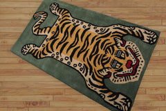 Erickson 3x5 Hand Tufted Hand Made 100% Wool Tiger Novelty Oriental Area Rug Celadon, Gold Color
