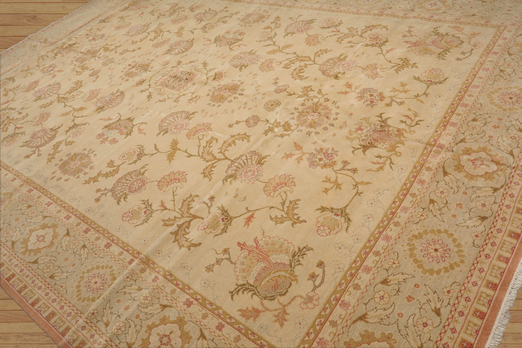 10' x14' 1'' Beige Blush Green Color Hand Knotted All-Over 100% Wool Traditional Oriental Rug