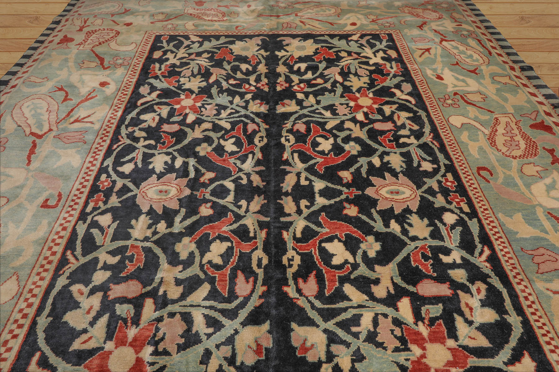 10' 4''x14' 9'' Black Pale Aqua Rust Color Hand Knotted All-Over 100% Wool Traditional Oriental Rug