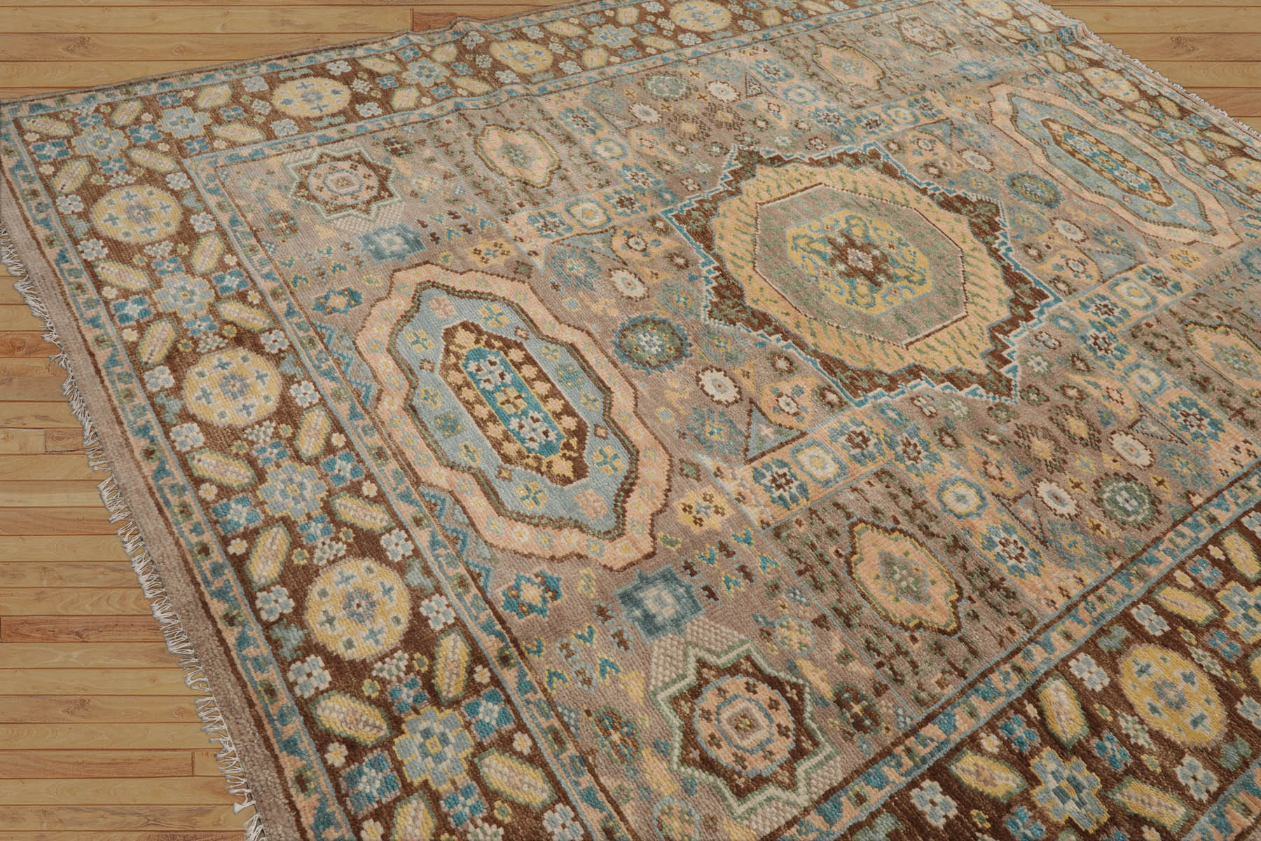 8' x10'  Taupe Teal Gold Color Hand Knotted All-Over 100% Wool Traditional Oriental Rug