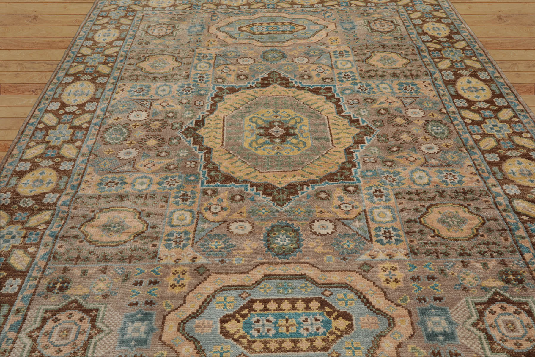 8' x10'  Taupe Teal Gold Color Hand Knotted All-Over 100% Wool Traditional Oriental Rug