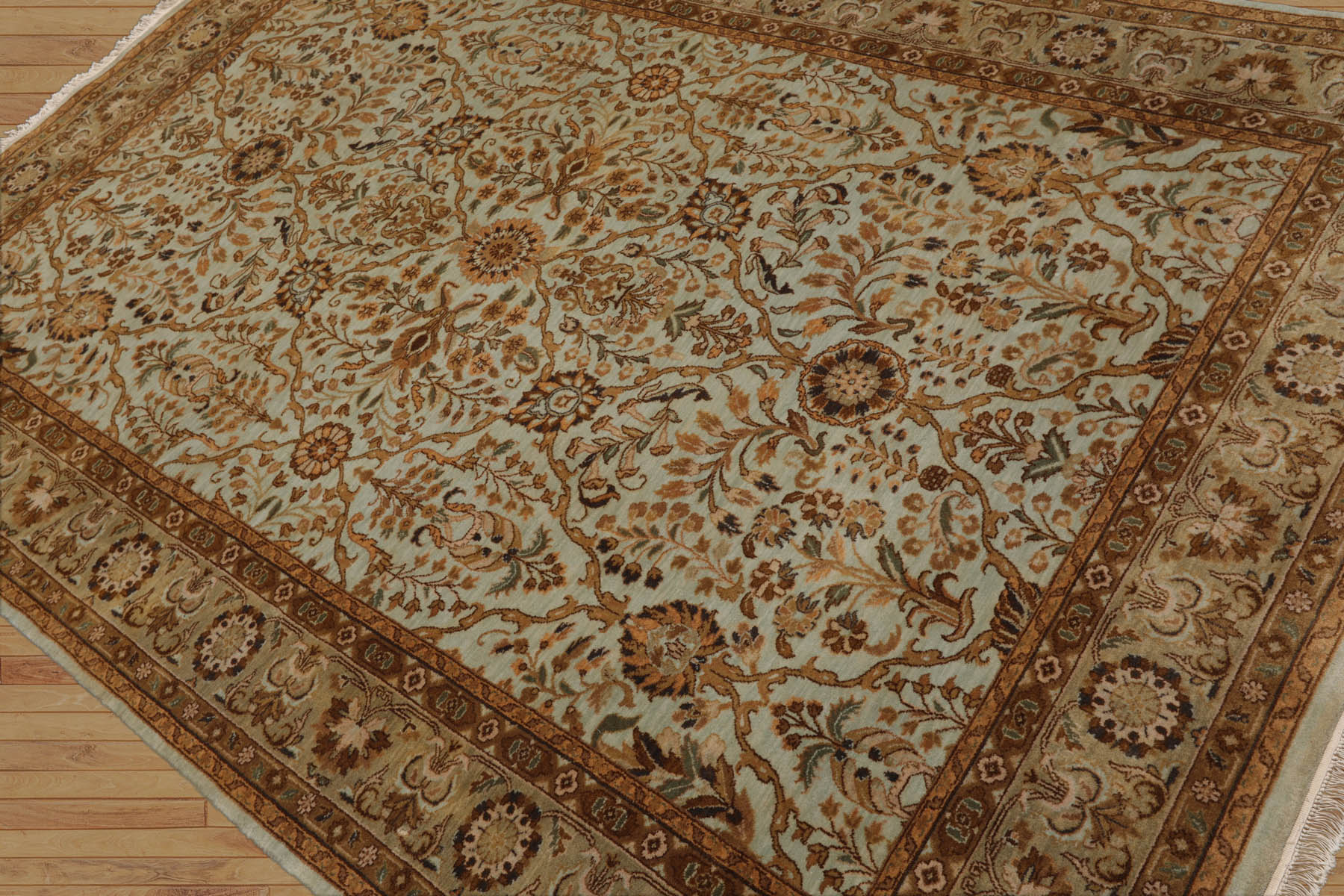 6x9 Aqua, Champagne, Brown Color Hand Knotted All-Over 100% Wool Traditional Oriental Rug