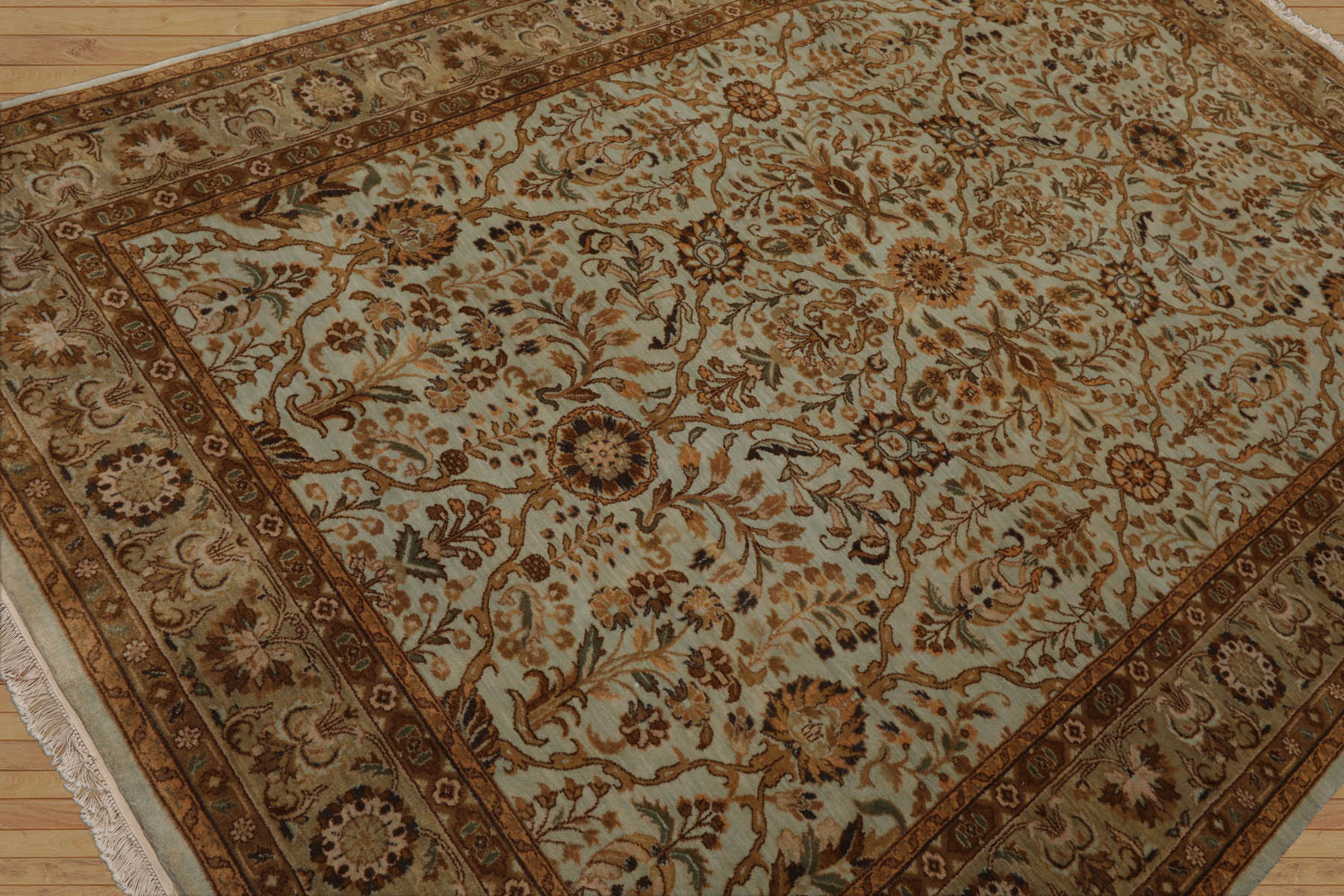 6x9 Aqua, Champagne, Brown Color Hand Knotted All-Over 100% Wool Traditional Oriental Rug