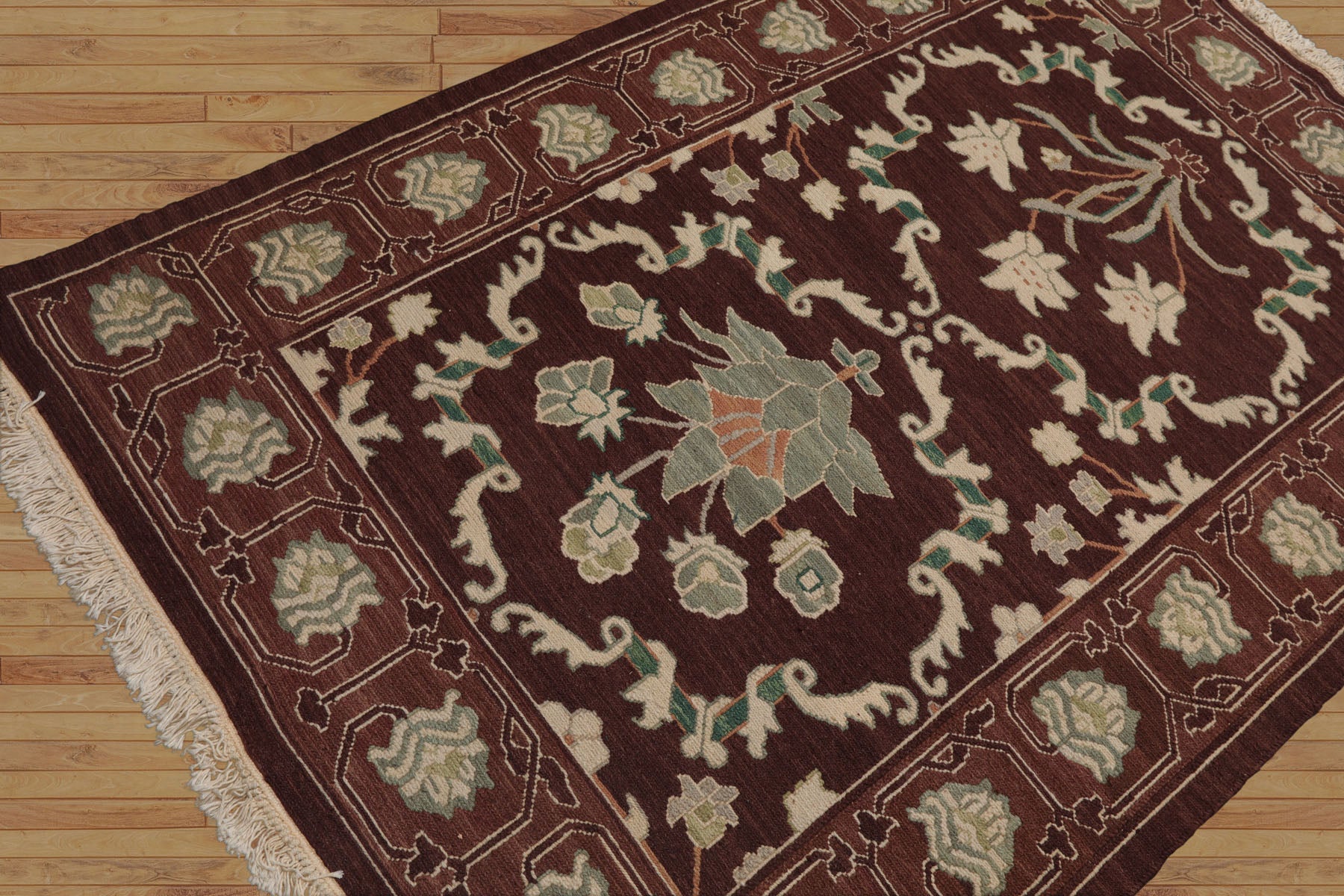 4x6 Chocolate, Mint, Beige Color Hand Knotted All-Over 100% Wool Traditional Oriental Rug