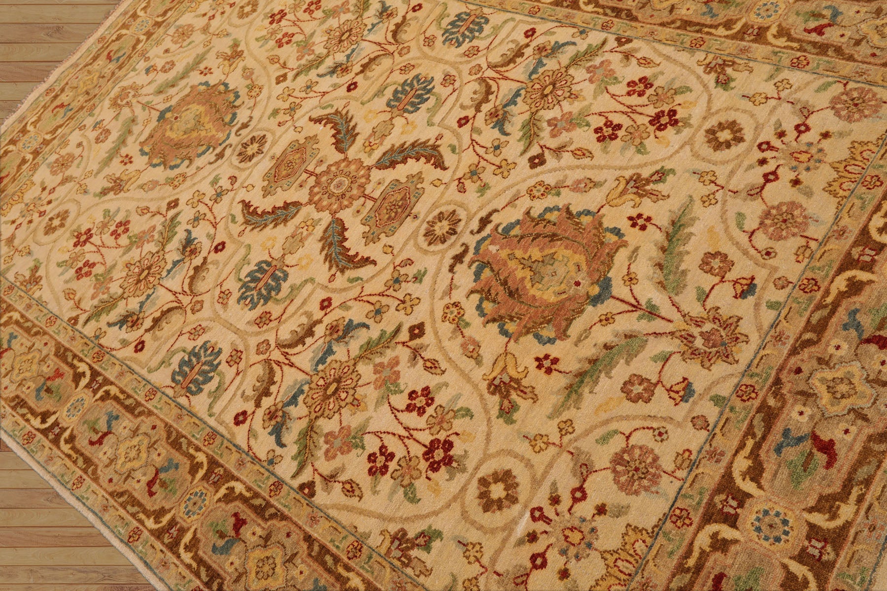 6x9 Beige, Brown, Turquoise Color Hand Knotted All-Over 100% Wool Traditional Oriental Rug