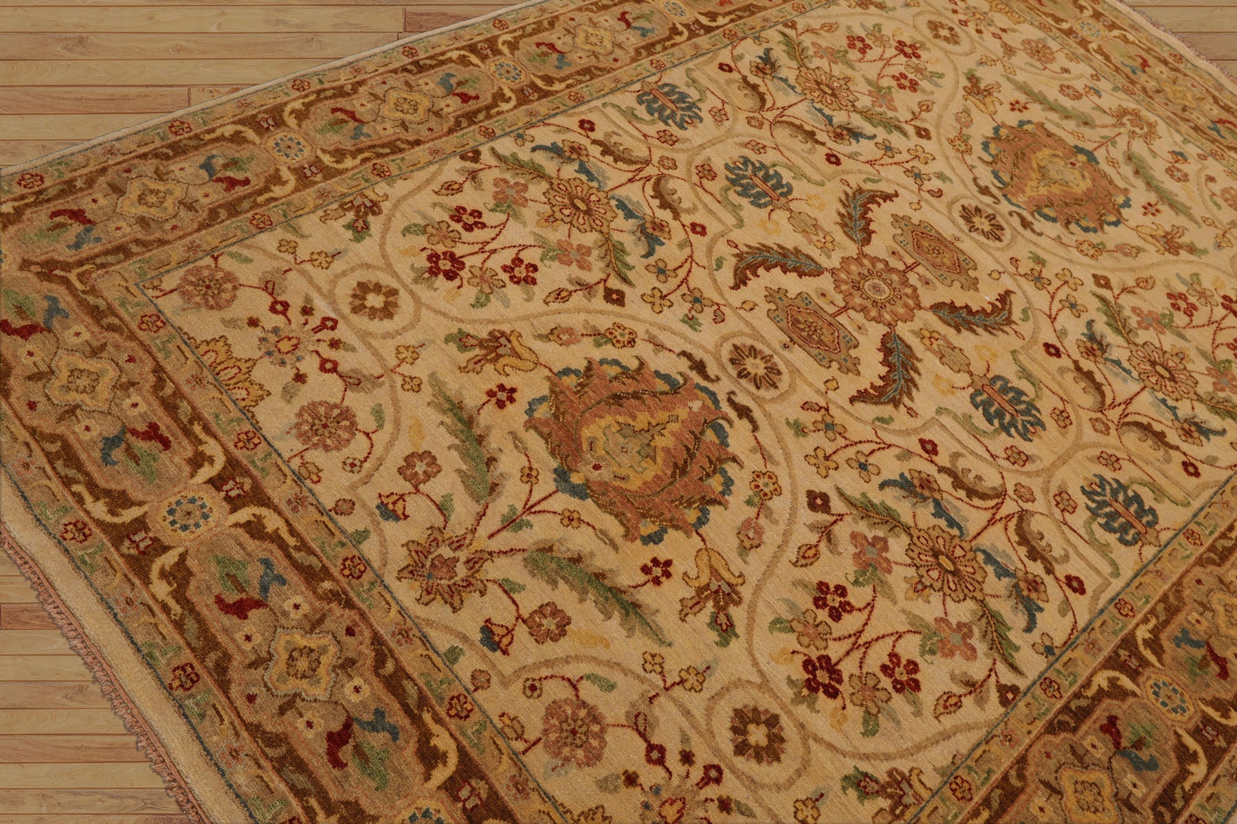 6x9 Beige, Brown, Turquoise Color Hand Knotted All-Over 100% Wool Traditional Oriental Rug