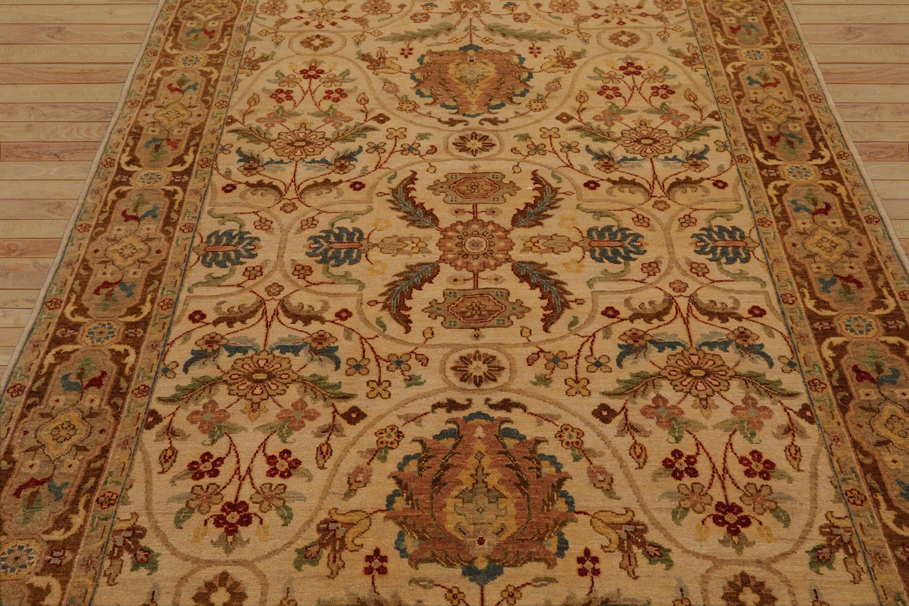 6x9 Beige, Brown, Turquoise Color Hand Knotted All-Over 100% Wool Traditional Oriental Rug