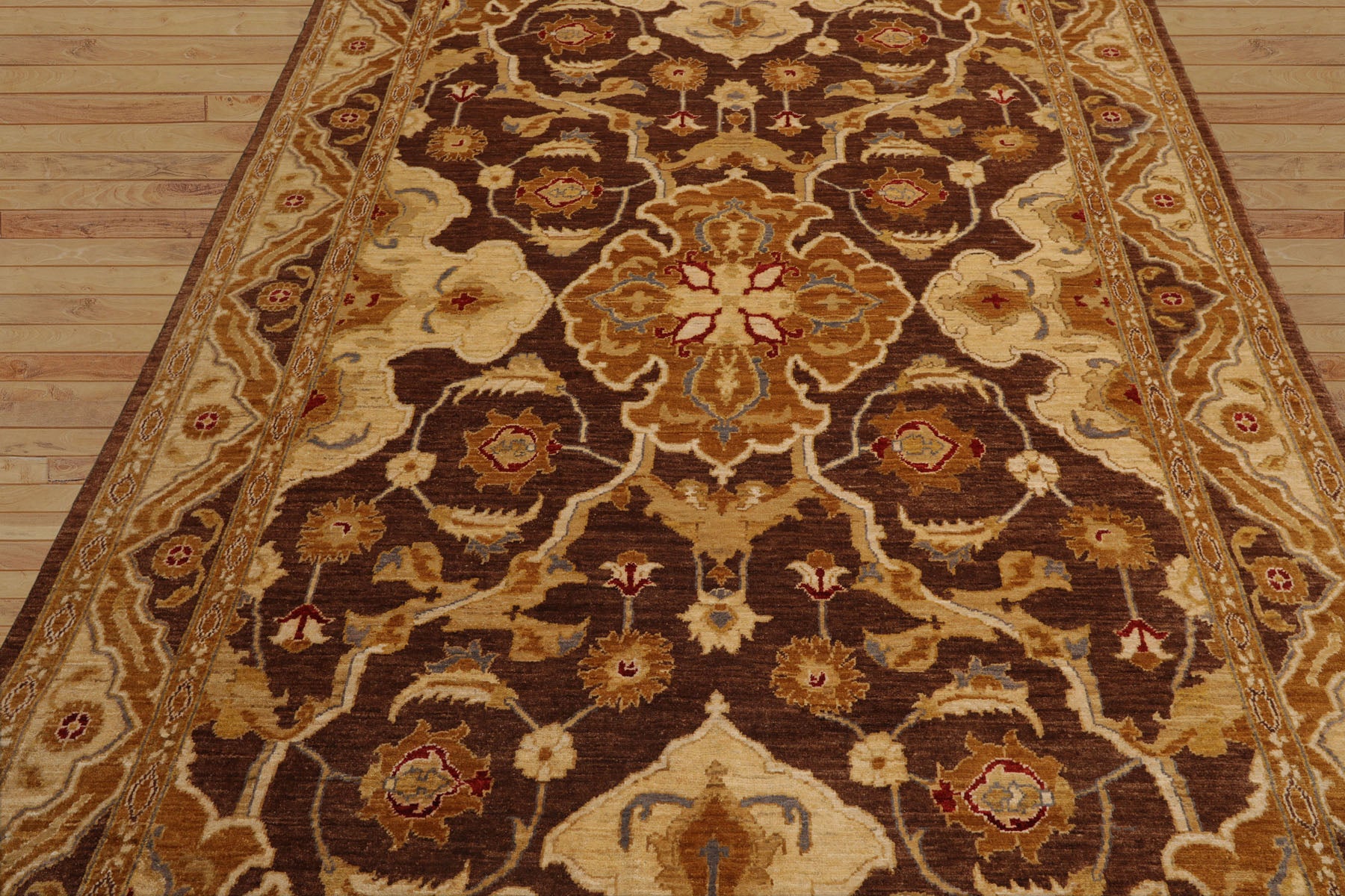 6x9 Brown, Beige, Gold Color Hand Knotted All-Over 100% Wool Traditional Oriental Rug