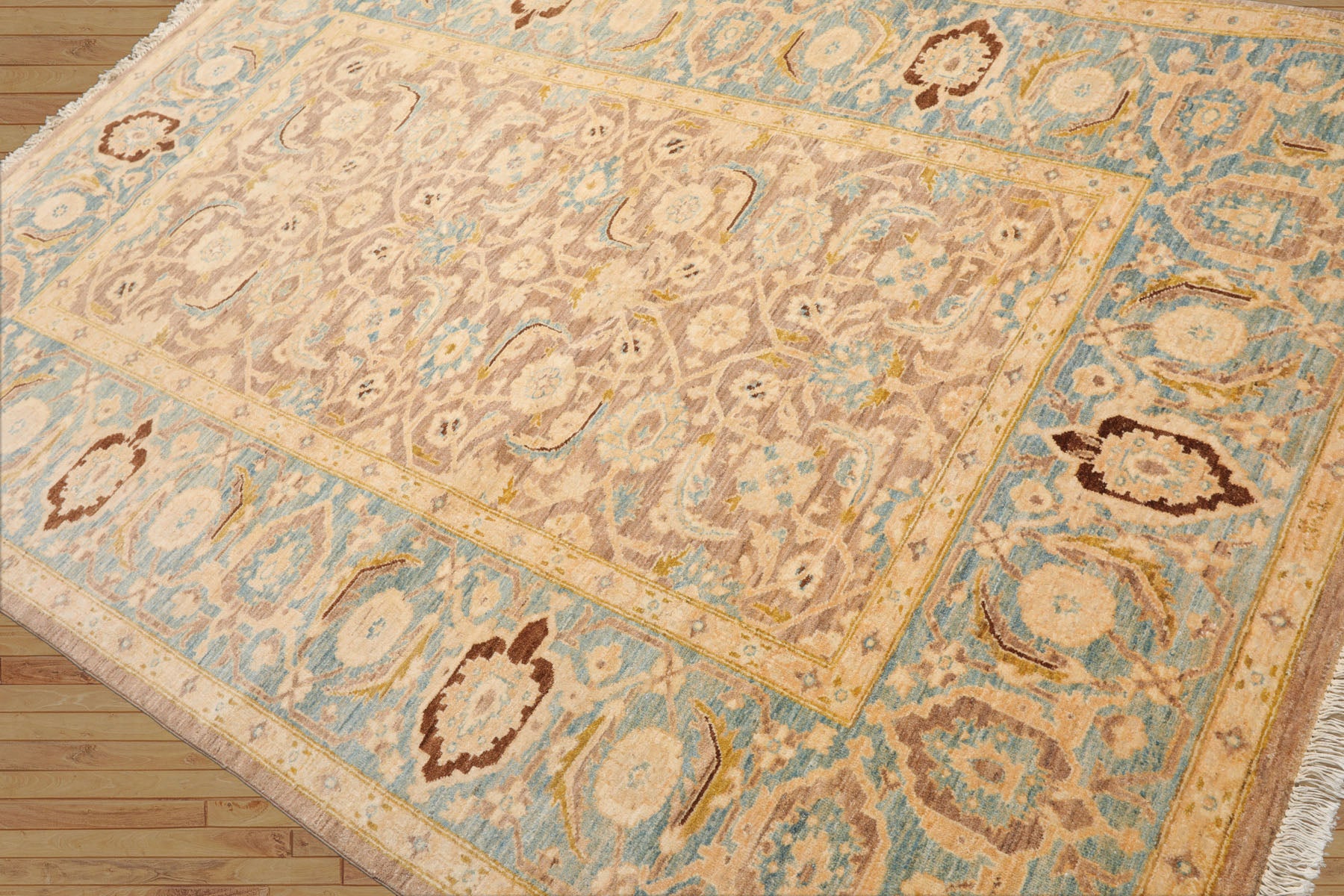 6x9 Taupe, Aqua, Brown Color Hand Knotted All-Over 100% Wool Traditional Oriental Rug