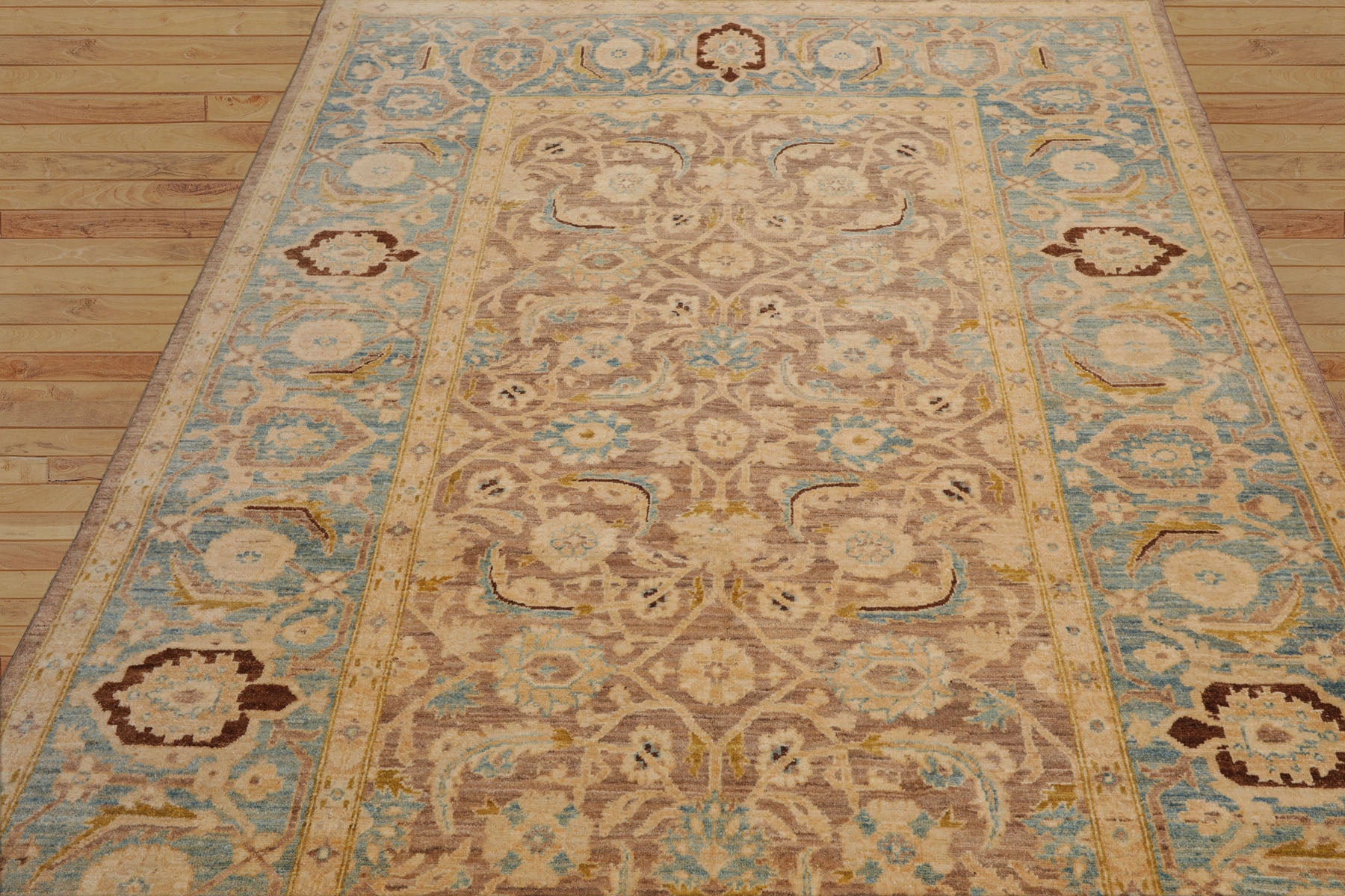 6x9 Taupe, Aqua, Brown Color Hand Knotted All-Over 100% Wool Traditional Oriental Rug