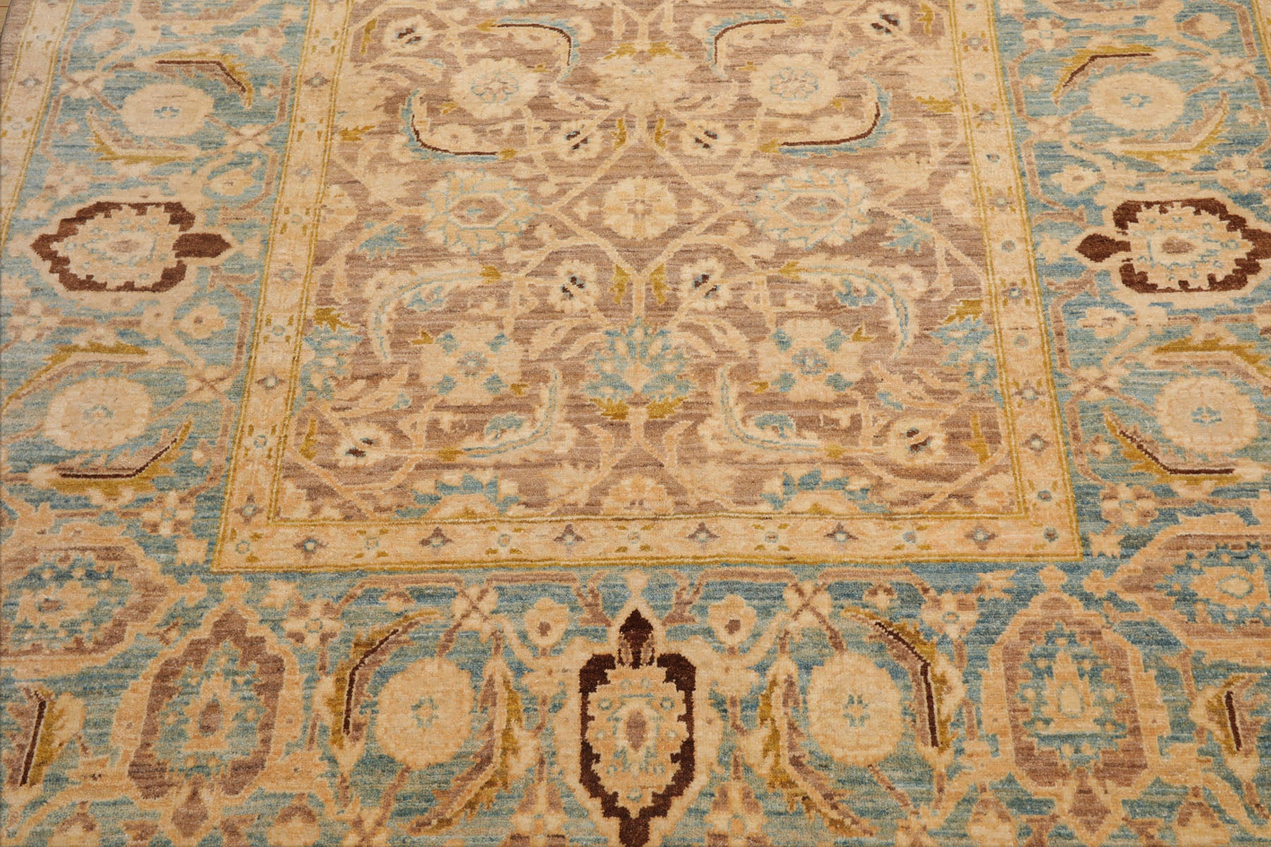 6x9 Taupe, Aqua, Brown Color Hand Knotted All-Over 100% Wool Traditional Oriental Rug