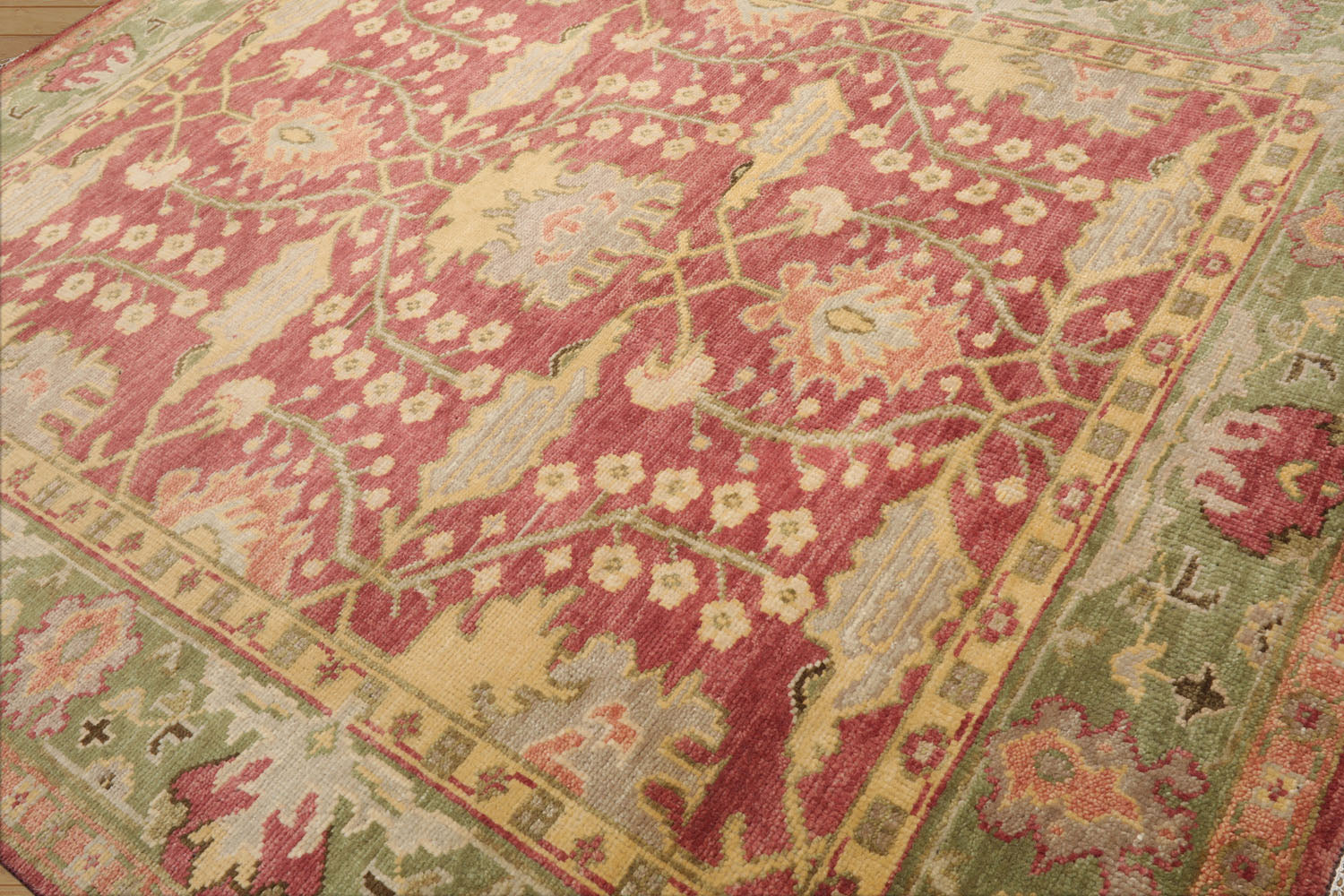 Multi Size Raspberry, Green Hand Knotted Oushak 100% Wool William Morris Arts & Crafts Oriental Area Rug