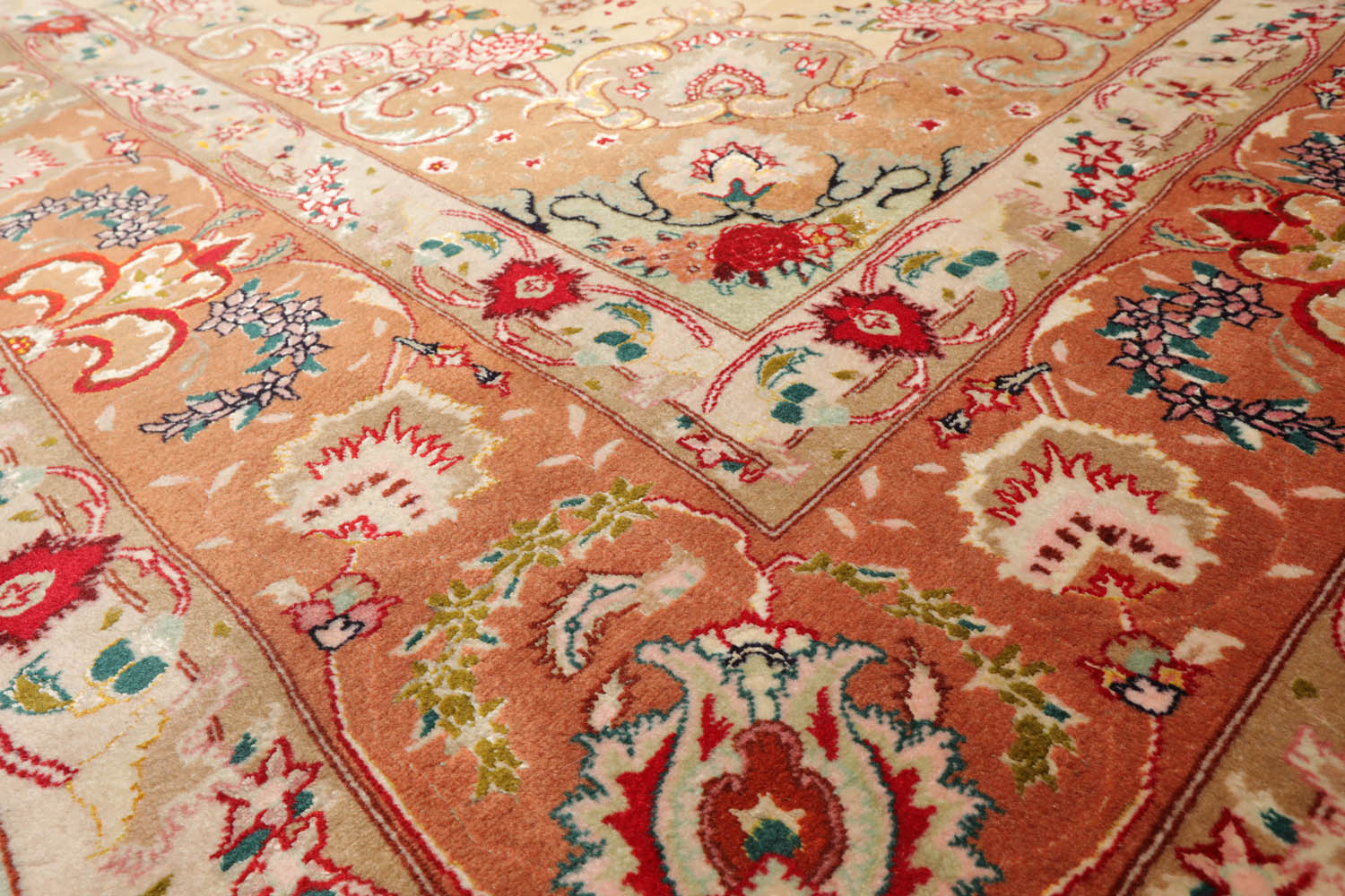 Bodine 6x9 Hand Knotted Wool and Silk Traditional Tabriz 300 KPSI Oriental Area Rug Ivory, Peach Color