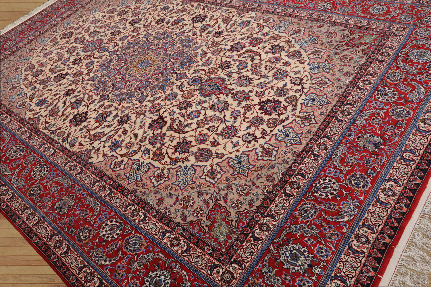 Slatington 9x12 Hand Knotted Wool and Silk Traditional Isfahan 300 KPSI Oriental Area Rug Ivory, Red Color