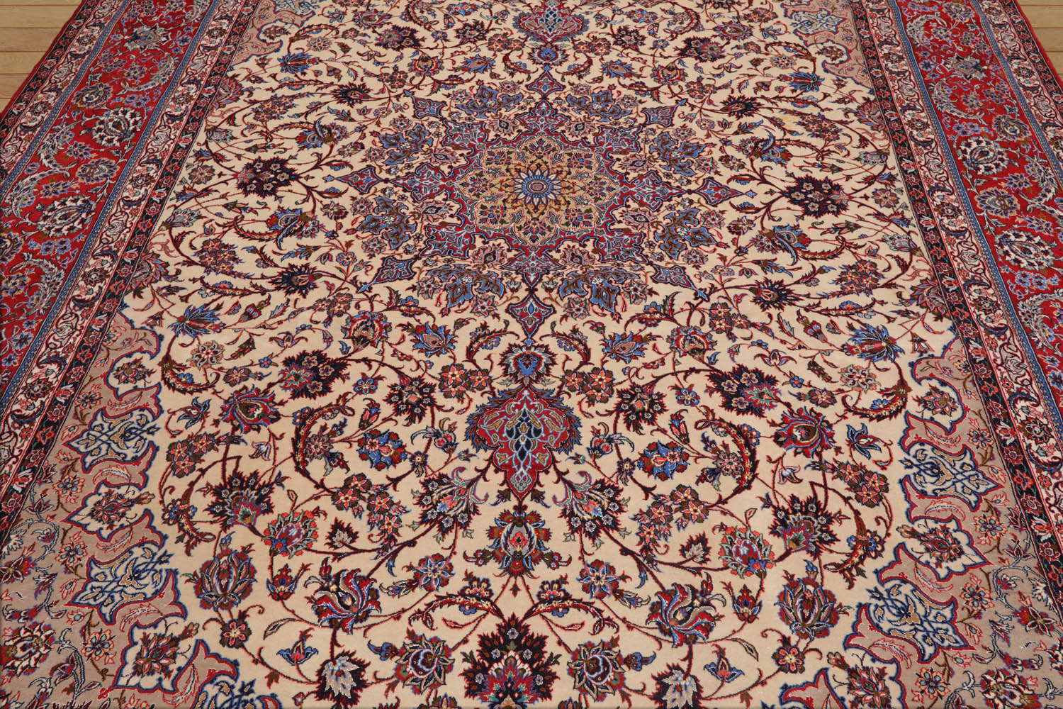 Slatington 9x12 Hand Knotted Wool and Silk Traditional Isfahan 300 KPSI Oriental Area Rug Ivory, Red Color