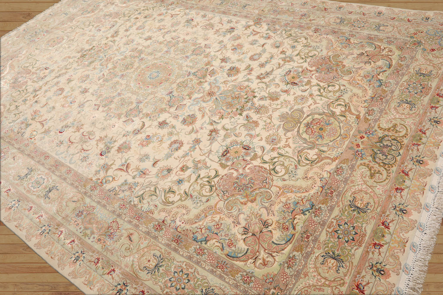 Elwin 8x10 Hand Knotted Wool and Silk Traditional Tabriz 300 KPSI Oriental Area Rug Ivory, Taupe Color