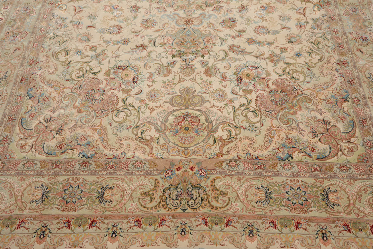 Elwin 8x10 Hand Knotted Wool and Silk Traditional Tabriz 300 KPSI Oriental Area Rug Ivory, Taupe Color