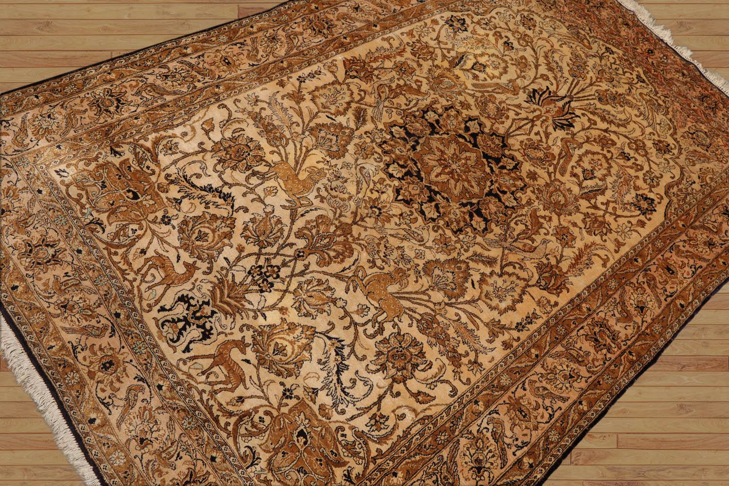 Nastia 5x7 Hand Knotted Persian 100% Silk  Pictorial Kum 200 KPSI Oriental Area Rug Tan,Brown Color