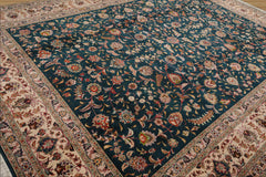 Birgit 10x14 Hand Knotted Wool and Silk Traditional Tabriz 400 KPSI Oriental Area Rug Teal, Beige Color