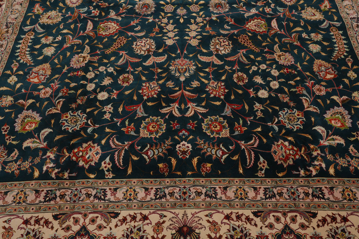 Birgit 10x14 Hand Knotted Wool and Silk Traditional Tabriz 400 KPSI Oriental Area Rug Teal, Beige Color