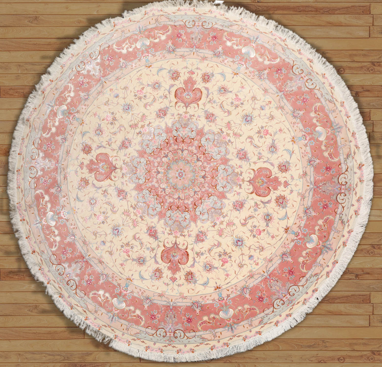 Wetherbee Round Hand Knotted Wool and Silk Traditional 350 KPSI Oriental Area Rug Ivory, Blush Color