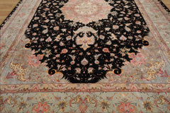 Asbey Palace Hand Knotted Wool and Silk Tabriz Traditional 400 KPSI Oriental Area Rug Black, Aqua Color