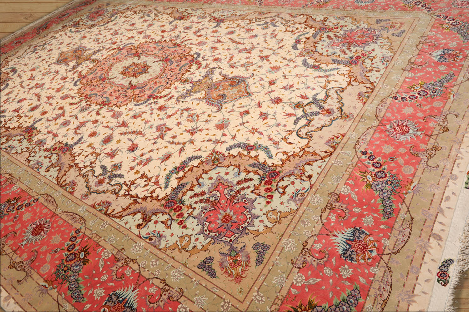 Annunciato Palace Hand Knotted Wool and Silk Traditional Palace Tabriz 350 KPSI Master Weaver Signed Oriental Area Rug Ivory, Rose Color