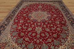 Demers 10x14 Hand Knotted Wool and Silk Traditional 350 KPSI Isfahan Master weaver Oriental Area Rug Red, Navy Color