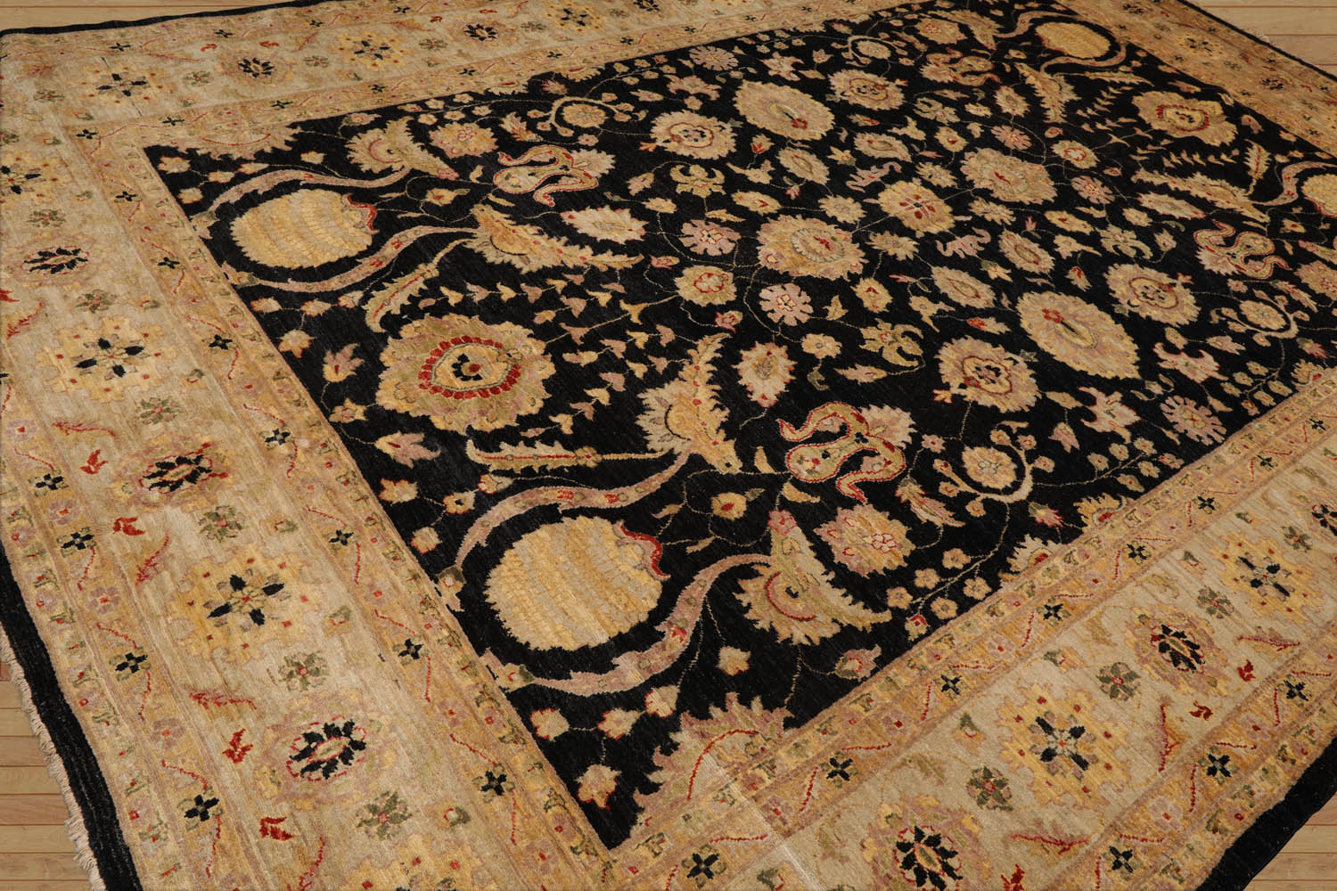 Saumur 10x14 Hand Knotted 100% Wool Chobi Peshawar Traditional Oriental Area Rug Black, Beige Color