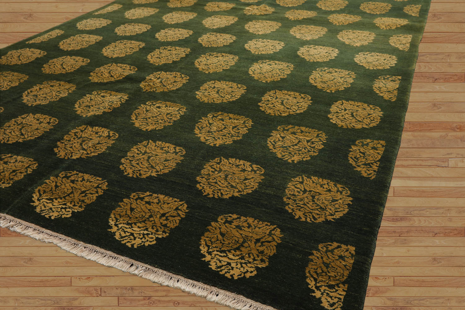Halleck 6x9 Hand Knotted Tibetan 100% Wool Damask Traditional Oriental Area Rug Green, Gold Color
