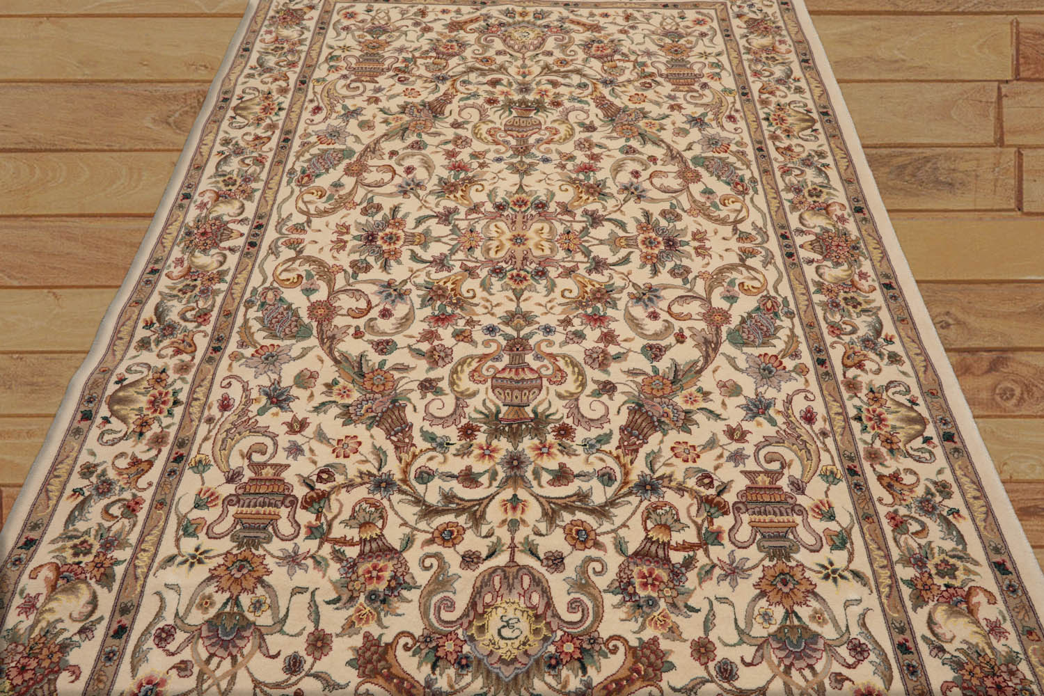 Annunziata 6x9 Hand Knotted Sino Persian Wool and Silk Traditional Oriental Area Rug Ivory, Tan Color
