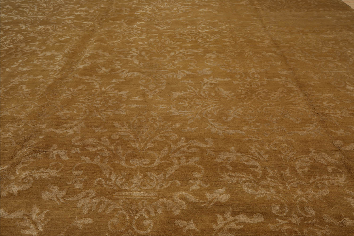 Feyza 9x12 Hand Knotted Tibetan Wool and Silk Damask Transitional Oriental Area Rug Tone On Tone, Gold Color