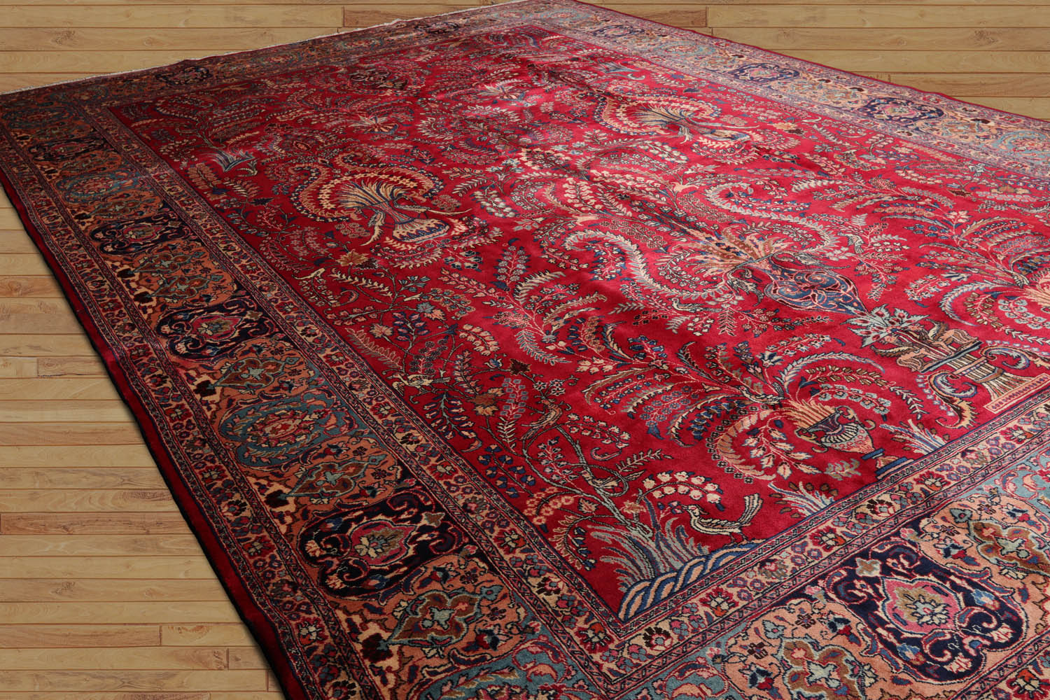 Briony Palace Hand Knotted 100% Wool Sarouk Traditional Oriental Area Rug Red, Peach Color