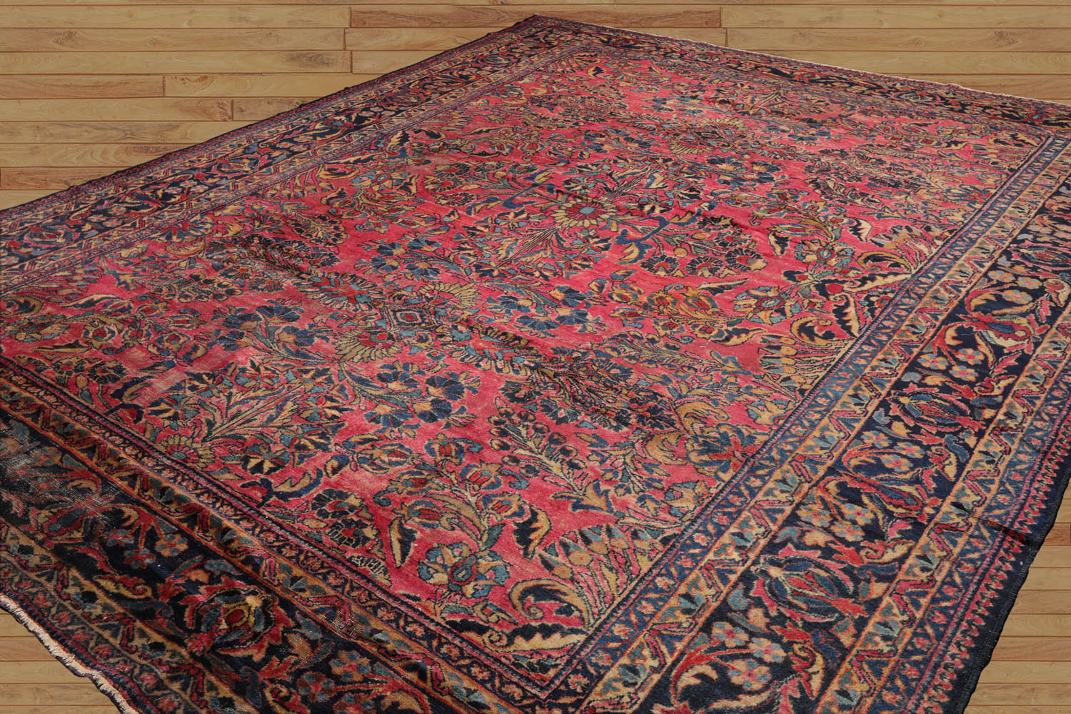 Jakiyla 10x14 Hand Knotted 100% Wool Sarouk Traditional Oriental Area Rug Pink, Navy Color
