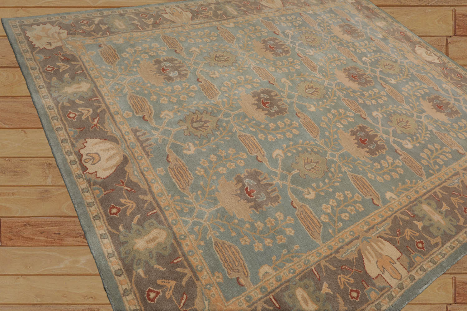 9 x 12  Aqua Taupe Beige Color Hand Tufted William Morris 100% Wool Transitional Oriental Rug