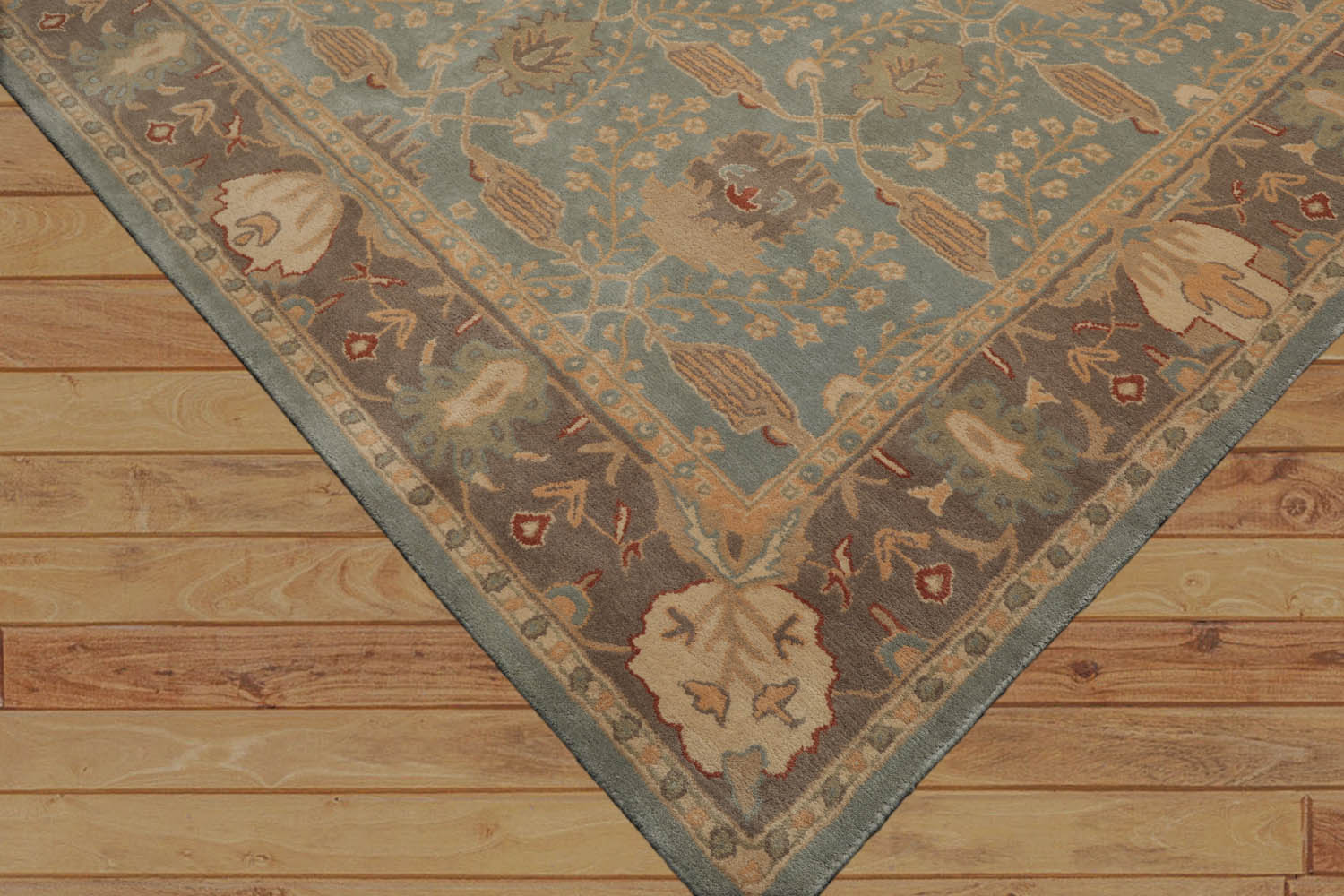 8 x 10  Aqua Taupe Beige Color Hand Tufted William Morris 100% Wool Transitional Oriental Rug