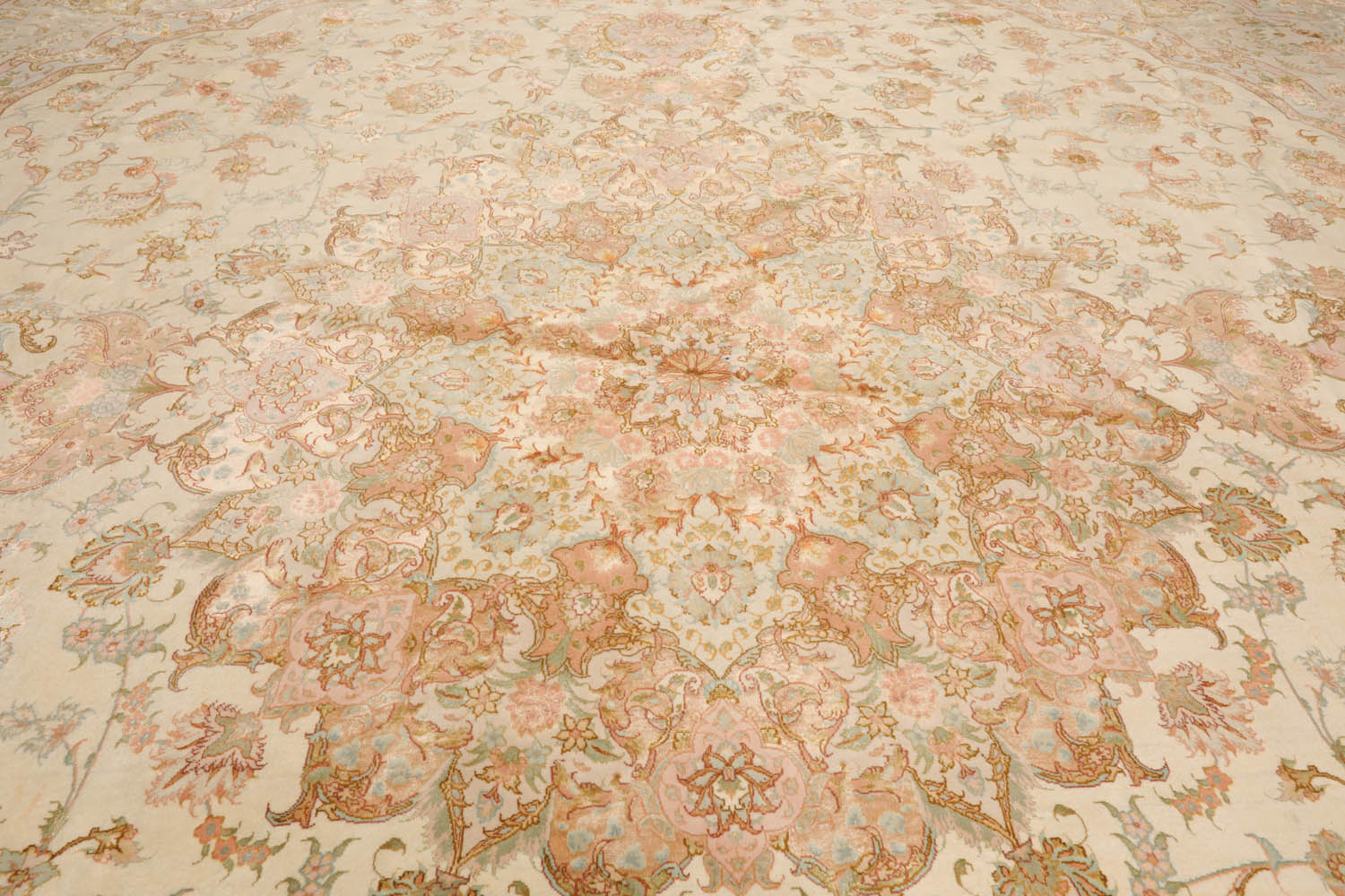 Faezah 13x13 Round Ivory, Taupe Hand Knotted Wool and Silk Tabriz Traditional 300 KPSI Oriental Area Rug