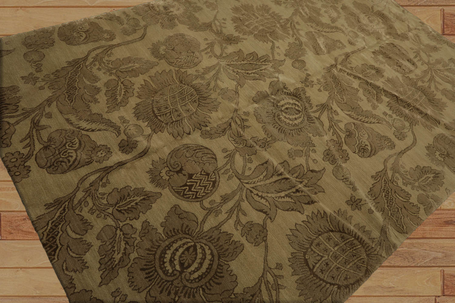 Luboslav 6x9 Hand Knotted Tibetan Wool and Silk Lapchi Transitional Botanical Oriental Area Rug Olive Green, Moss Color