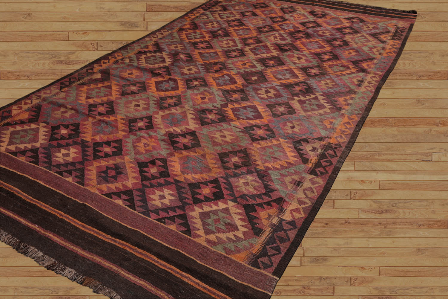 Kali-Anne 6' 3''x12' 3'' Hand Knotted Flatweave Kilim 100% Wool Kilim Southwestern Oriental Area Rug Rust, Brown Color