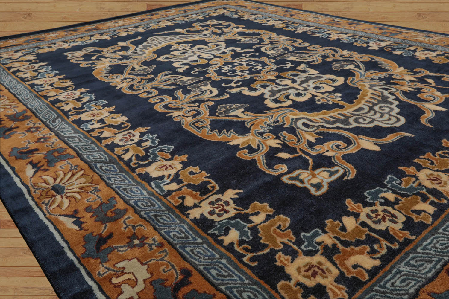 Multi Size Blue,Caramel Hand Tufted Patterned New Zealand Wool Chinese Art Deco Oriental Area Rug