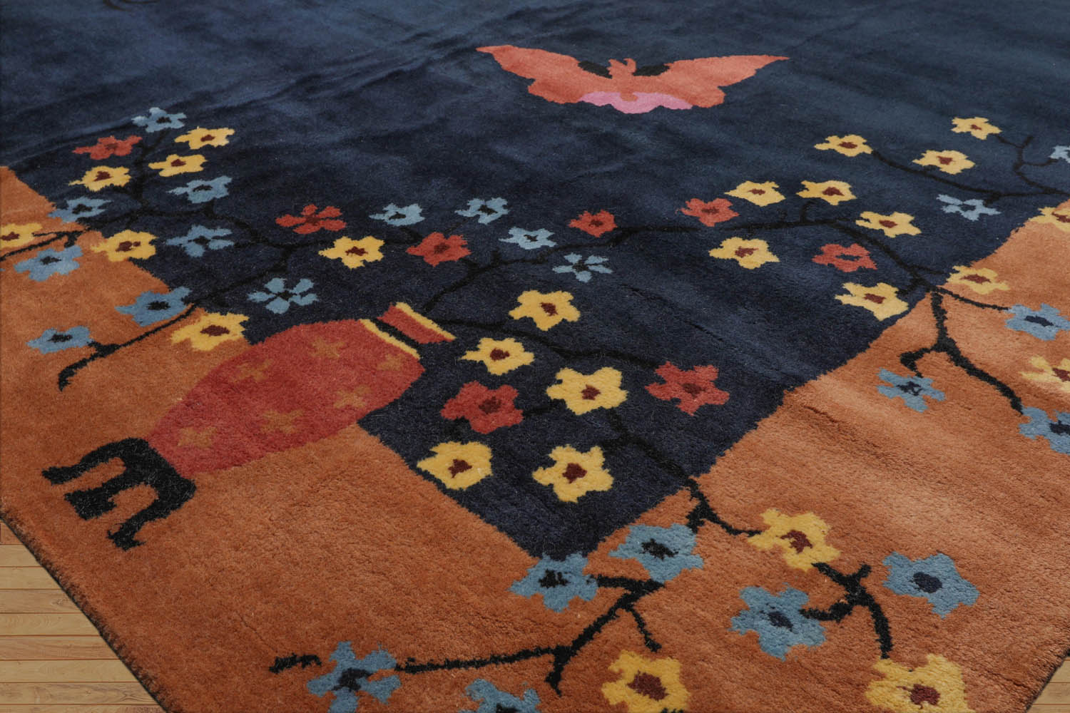 Multi Size Navy,Peach Hand Tufted Patterned New Zealand Wool Chinese Art Deco Oriental Area Rug
