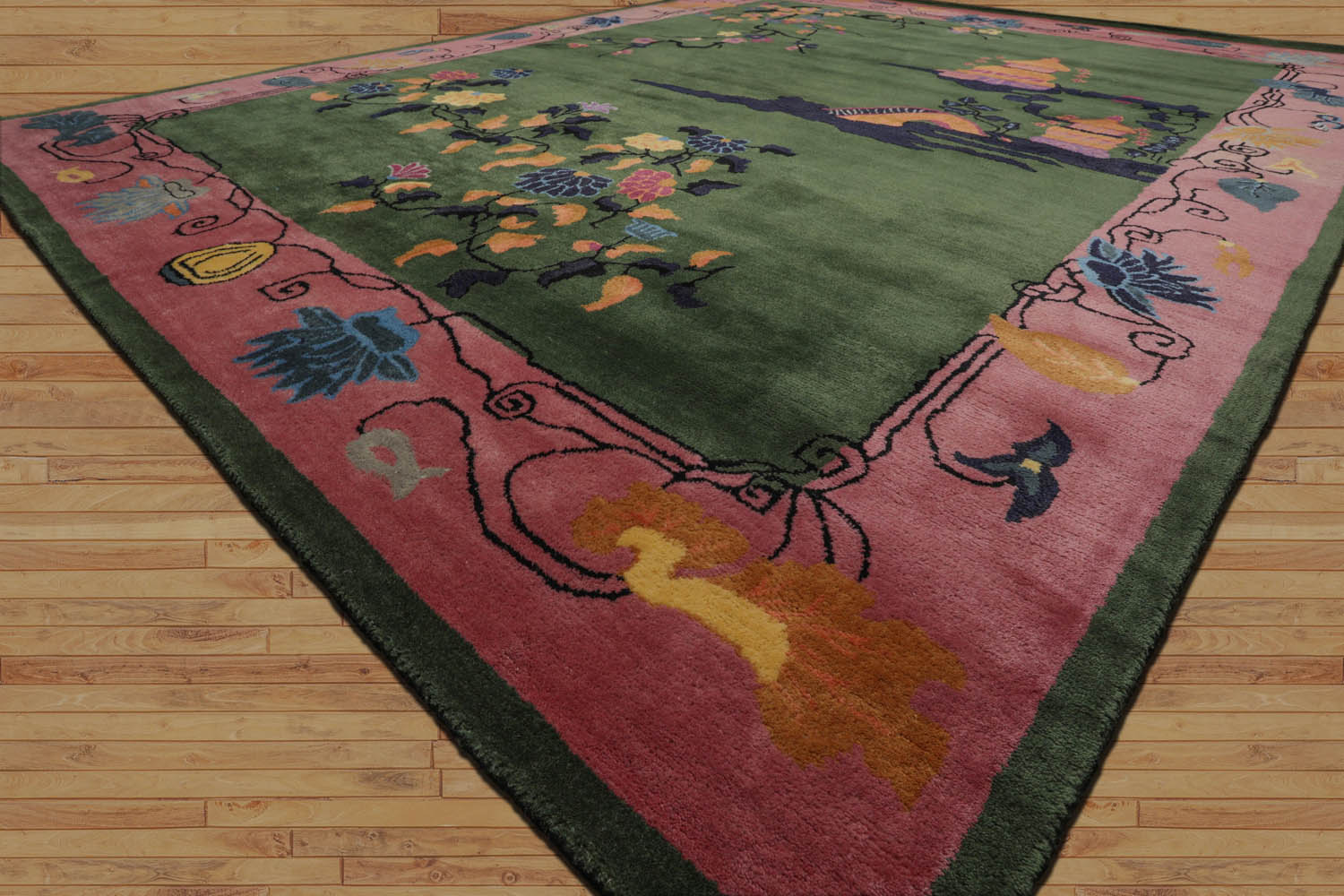 Multi Size Green,Pink Hand Tufted Pictorial New Zealand Wool Chinese Art Deco Oriental Area Rug